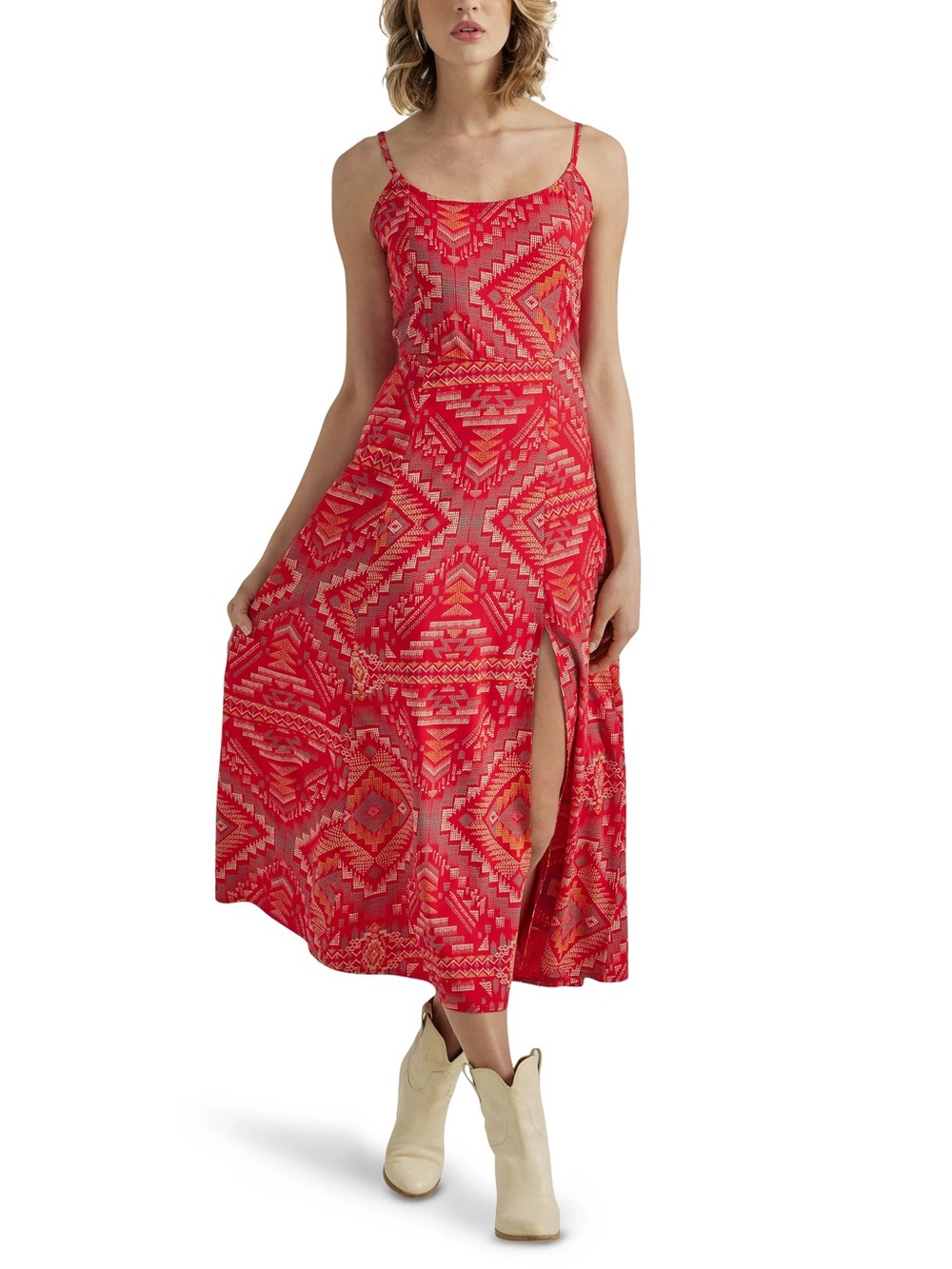 Wrangler Retro Red Southwestern Print Midi Dress with Spaghetti Straps